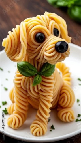 Funny cartoon dog with a messy bowl of spaghetti in a playful and comical style, illustration for pet food and humor