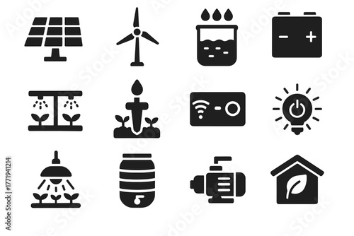 Vector icons energy icon grow panel renewable led barrel collector sensor garden