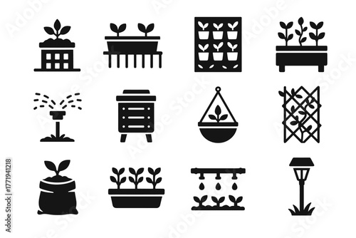 Gardening rooftop compost hanging icons vector tray sprinkler grow basket pot icon