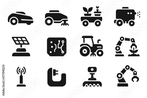 Solar icon robotic control arm navigation gardening planter mower unit robots smart