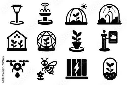 Misting garden futuristic icon automated holographic drone pod seed greenhouse arch vector