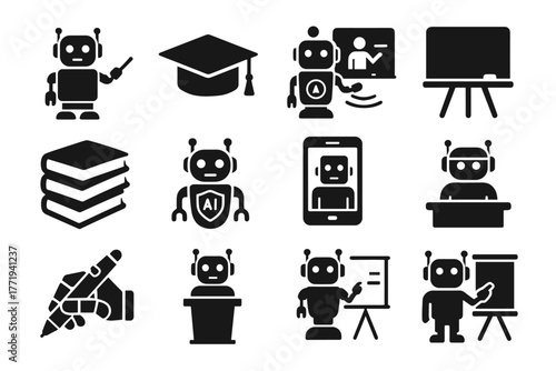 Book pen online education academic teaching vector teacher stack icons podium robot