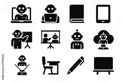 Digital icon learning vector lecture ai book desk teacher screen projector robot
