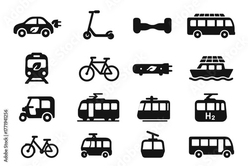 Tram train electric hydrogen vector icons icon cable bus solar transport bike