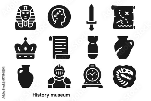 Map vector museum statue archeological history sword icons coin fossil icon ancient