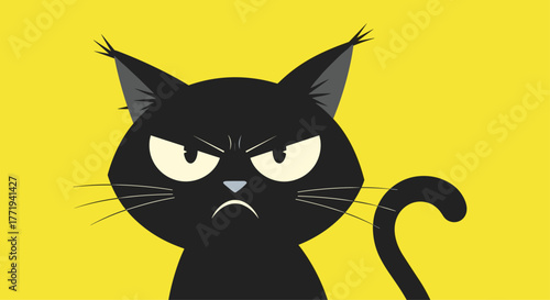 An angry black cat with a grumpy expression on a bright yellow background.