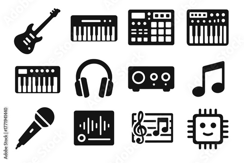 Headphones notes guitar virtual midi icon keyboard vector assistant module audio instruments