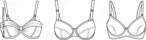 Set of Three Technical Bras Outline Vector Illustration: Plunge, Demi-Cup, and Full Coverage Underwired Silhouettes, Lingerie Design Templates for Fashion CAD.