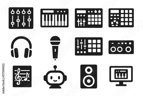 Vector instruments headphones sound machine engineering icons sheet icon digital music drum
