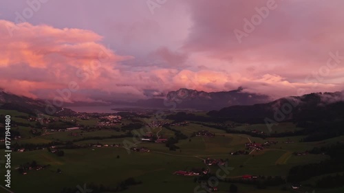 Magical Sunset Over Lake Mondsee and Irrsee, Austria – 4K Aerial Drone Footage with Fog, Rainbow, and Colorful Autumn Clouds