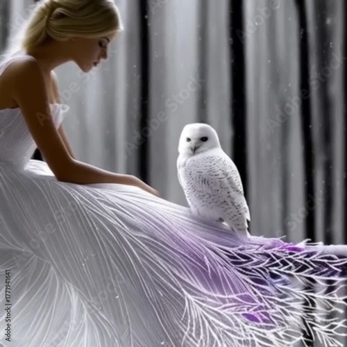 Young girl and a majestic owl together in a snowy forest with a magical and serene mood during a snowfall