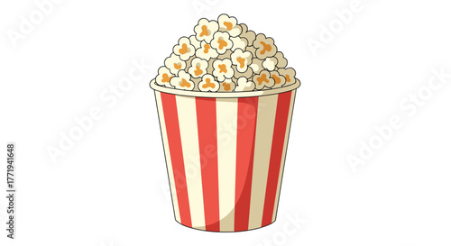 A classic red and white striped bucket overflowing with freshly popped popcorn.
