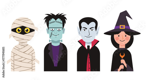 Cartoon characters of a mummy, Frankenstein's monster, a vampire, and a witch in a row for Halloween.