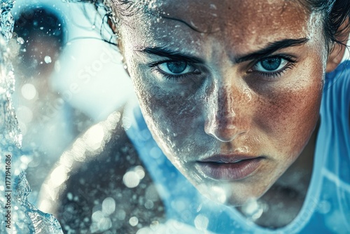 A determined female athlete, face covered in sweat and water, intensely stares forward, showcasing strength, focus, and raw emotion in a challenging environment.