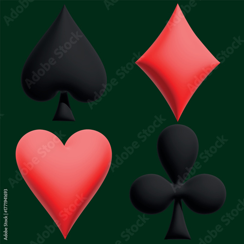 Large-scale classic figures for card games. Card suits in 3D, hand-drawn in vector. 