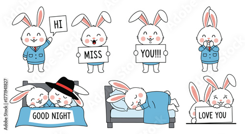 Cute cartoon rabbits in various poses expressing greetings, affection, and goodnight wishes.