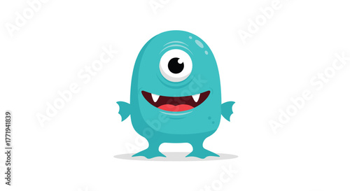 A cute and friendly cartoon cyclops monster with a big smile and teal skin.