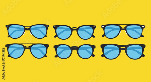 A collection of six stylish pairs of sunglasses with blue lenses on a bright yellow background.