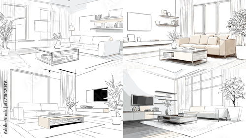 Architectural line sketches of modern living room interiors with furniture, decor, and natural light. Ideal for design, architecture, and visualization projects.