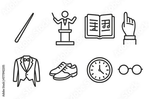 Conductor's Essentials Icons. Line style icons of Conductor: Baton, Podium, Score, Hand Gesture, Tailcoat, Shoes, Clock, Glasses,