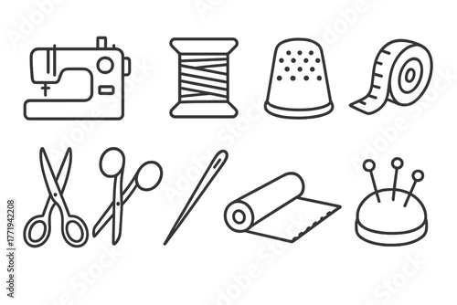 Sewing Essentials Icons. Line style icons of Sewing: Sewing Machine, Spool of Thread, Thimble, Measuring Tape, Scissors, Needle,