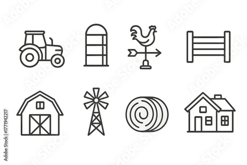 Farm Icons Collection. Line style icons of Farm basics: tractor, silo, weathervane, fence post, barn, windmill, hay bale,