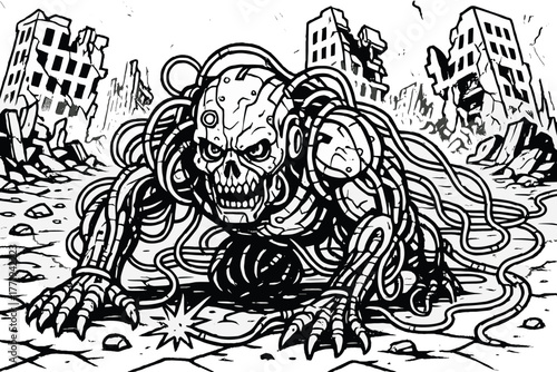 Cyborg Monster's Urban Crawl. Cyborg monster crawling through broken streets with cables dragging, sparks, and collapsing