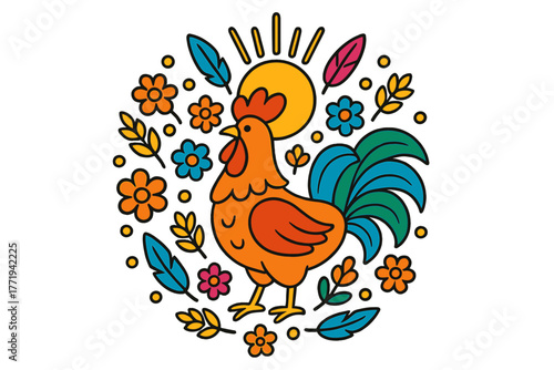 Morning Rooster Mandala. Rooster in the center with sun rays, feathers, grains, and flowers arranged in a morning mandala pattern,