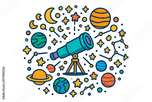 Cosmic Telescope Mandala. Telescope in the center with constellations, moons, planets, and stars radiating outward in stellar