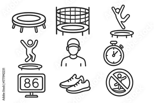 Trampoline Line Icons. Line style icons of Trampoline: Trampoline, Safety Net, Gymnast, Jump, Coach, Stopwatch, Scoreboard, Shoes,