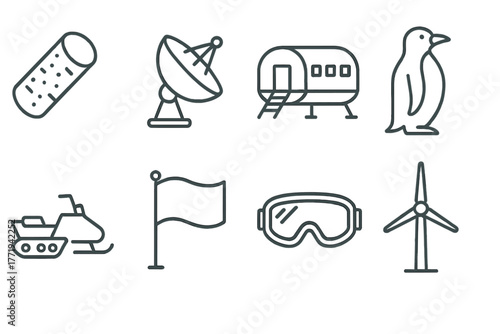 Antarctic Research Icons. Line style icons of Antarctic Research: Ice Core Sample, Satellite Dish, Research Pod, Penguin,