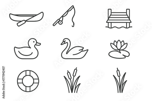 Lakeside Park Icons. Line style icons of Lakeside Park: Canoe, Fishing Rod, Pier, Duck, Swan, Water Lily, Lifebuoy, Reed Grass, No