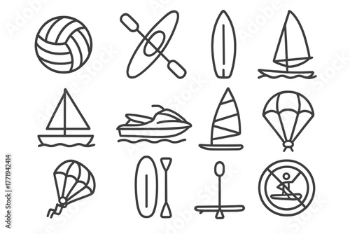 Water Sports Icons. Line style icons of Water sports: water polo ball, kayak, surfboard, sailboat, jet ski, windsurf sail,