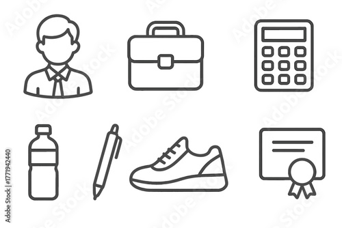Student Essentials Icons. Line style icons of Students: Uniform, Lunchbox, Textbook, Calculator, Water Bottle, Pen, Sports Shoes,
