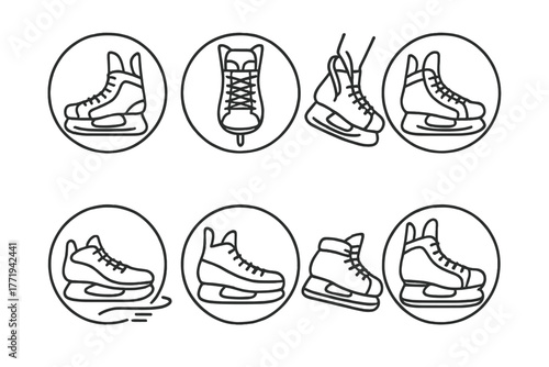 Hockey Skate Icons. Line style icons of hockey skates in round shape: skate side view, front-facing skate, laced skate, skate with