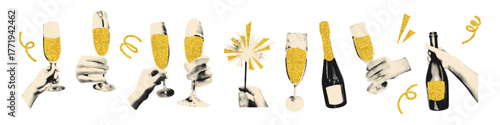 Set of halftone hands holding champagne glasses with sparkling golden drink Vintage magazine clipping stickers. Modern retro vector illustration for Christmas and New Year collage mixed media design