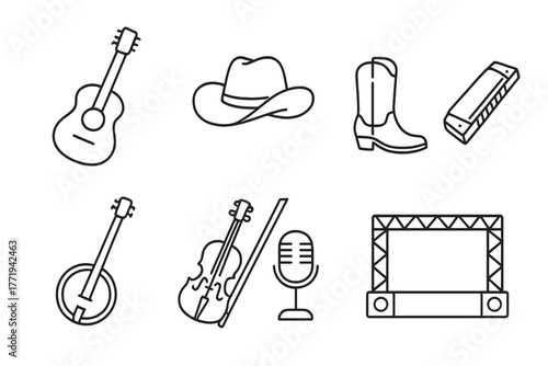 Country Music Icons. Line style icons of Country Music: Acoustic Guitar, Cowboy Hat, Boots, Harmonica, Banjo, Fiddle, Microphone,