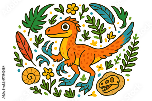 Vibrant Velociraptor Design. Velociraptor in the middle with claws, feathers, plants, and fossils arranged in a radial decorative