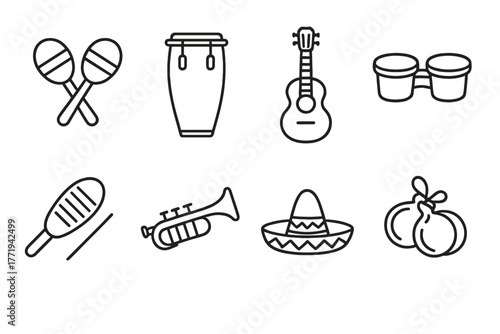 Latin Music Icons. Line style icons of Latin Music: Maracas, Conga Drum, Guitar, Bongos, Guiro, Trumpet, Sombrero, Castanets, No