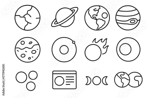 Planetary Study Icons. Line style icons of planetary study in round shape: Mars diagram, Saturn rings, Earth and moon, gas giant;