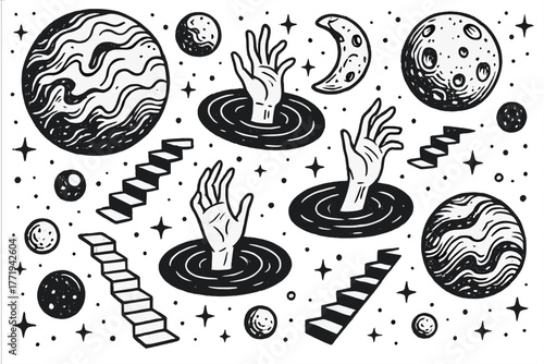 Cosmic Nightmare Art. Surreal cosmic nightmare with distorted planets, hands reaching from black holes, and staircases fading into