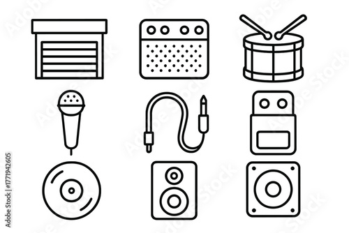 Garage Rock Icons. Line style icons of Garage Rock: Garage Door, Guitar Amp, Drum, Microphone, Cable, Pedal, Vinyl, Speaker, No