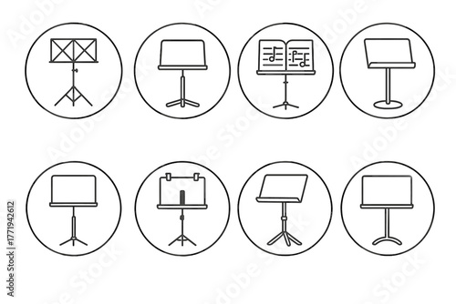 Music Stand Icons. Line style icons of music stands in round shape: folding stand, adjustable height stand, stand with score,