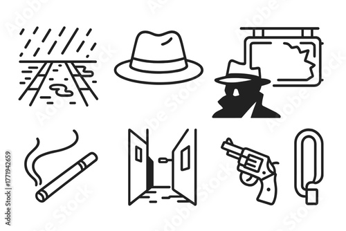 Neon Noir Icons. Line style icons of Neon Noir: Rain-Slicked Street, Fedora, Shadowy Figure, Flickering Sign, Cigarette, Revolver,