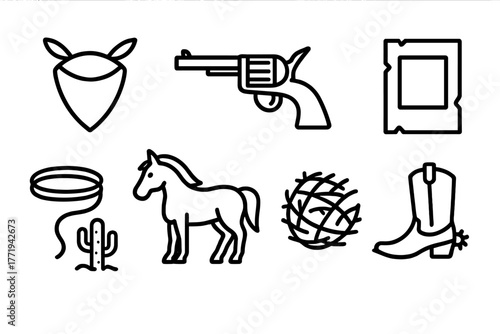 Desert Outlaw Icons. Line style icons of Desert Outlaws: Bandana, Revolver, Horse, Wanted Poster, Lasso, Cactus, Tumbleweed, Boots