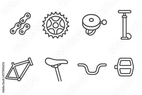 Bicycle Parts Icons. Line style icons of Bicycle parts: chain, gear, bicycle bell, tire pump, frame, saddle, handlebar, pedal, No