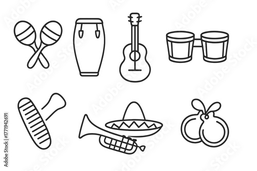 Latin Music Icons. Line style icons of Latin Music: Maracas, Conga Drum, Guitar, Bongos, Guiro, Trumpet, Sombrero, Castanets, No