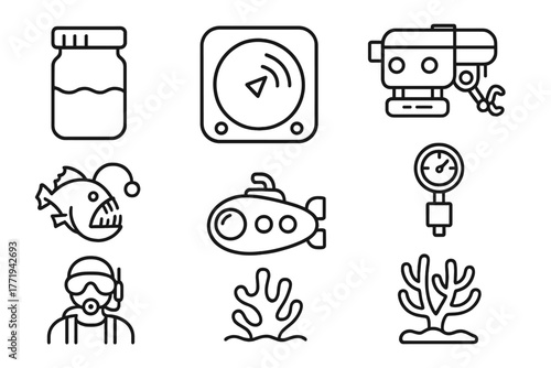 Marine Science Icons. Line style icons of Marine Science Lab: Sample Container, Sonar, ROV, Abyssal Creature, Submersible,