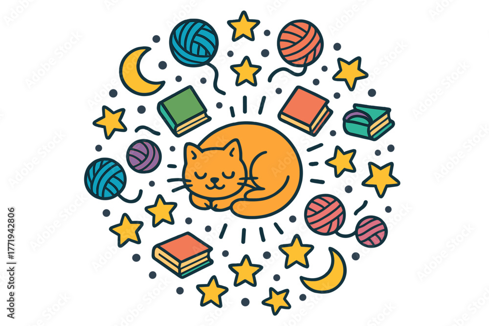 Fototapeta premium Cosmic Cat Mandala. Cat curled in the center with yarn balls, books, moons, and stars radiating outward in peaceful mandala form,