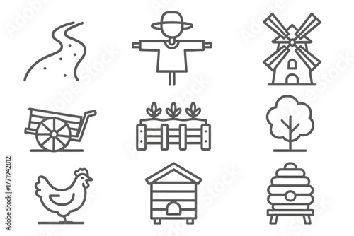 Rural Life Icons. Line style icons of Rural life: dirt road, scarecrow, wooden cart, windmill, garden, tree, chicken coop, beehive